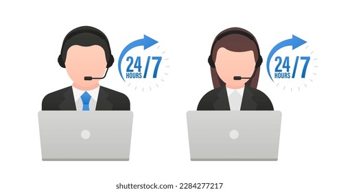 Support service. 24-7 call center support. Call center operator. Customer service charter. Customer service and communication. Сustomer service 24 7.Vector illustration