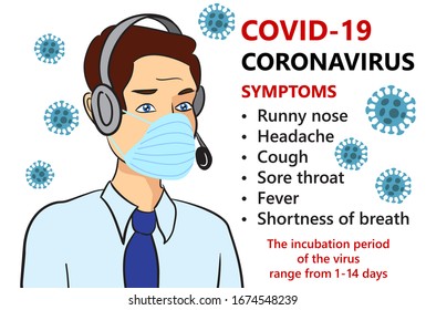 support service answers questions related to Symptoms of COVID-19 coronavirus pandemic, 2019-nCoV, man in suit with blue medical face mask. Concept of stop spreads Novel coronavirus disease quarantine