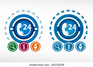 Support and service - around the clock or 24 hours. Flat design concept