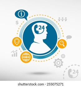 Support and service - around the clock or 24 hours and male avatar profile picture. Flat design vector illustration concept for reaching goals.