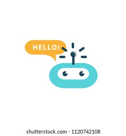 Support service bot in speech bubble. Logo concept of chatbot, media, soft, dialogue script, popup, spam, profile, software, communication, contact.