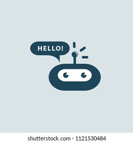 Support service bot. Vector logotype design Robot in speech bubble. Logo concept of chatbot, media, soft, dialogue script, popup, spam, profile, software, communication, contact.