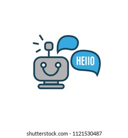 Support service bot. Vector logotype design Robot in speech bubble. Logo concept of chatbot, media, soft, dialogue script, popup, spam, profile, software, communication, contact.