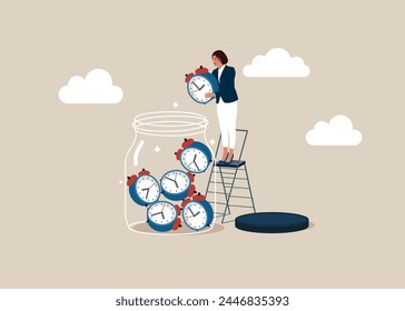 Сservicio de Asistencia. Mujer de negocios Recoge los relojes en un frasco de vidrio enorme. Fecha límite de trabajo o gestión del tiempo. Ilustración vectorial plana