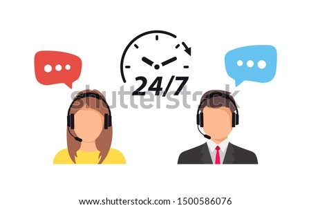 Support service. Call center support 24/7. Operator of call center.  Customer service character. Client services and communication. Speech bubbles conceptual of client services and communication. 24/7