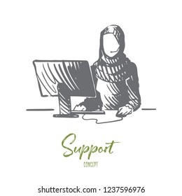 Support, service, communication, Islam, hijab concept. Hand drawn female muslim support manager concept sketch. Isolated vector illustration.