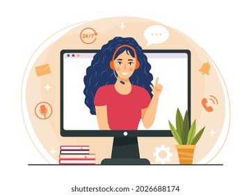 Support Service concept. Call center operator advises clients and answers their questions. Hotline for users of site or application. Cartoon flat vector illustration isolated on white background