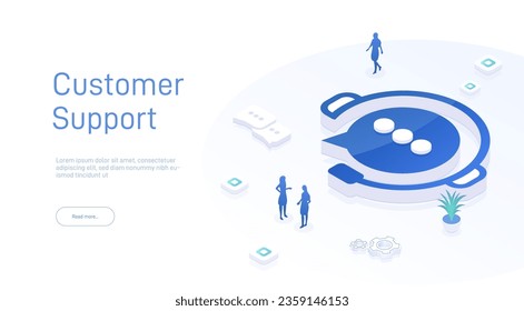 Support service concept or call center in isometric vector illustration. 24-7 round the clock or nonstop customer support background. Mobile self-service layout template for web banner.