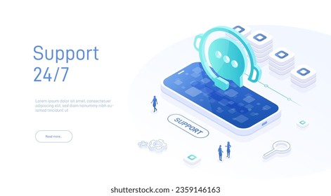 Support Service Konzept oder Call Center in isometrischer Vektorgrafik. 24-7 rund um die Uhr oder ununterbrochener Kundendienst-Hintergrund. Mobile Layout-Vorlage für Webbanner für Selbstbedienung.