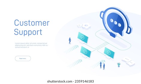 Support service concept or call center in isometric vector illustration. 24-7 round the clock or nonstop customer support background. Mobile self-service layout template for web banner.