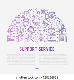 Support service concept in half circle with thin line call center or customer service icons. Vector illustration for banner, web page of support center with place for text.
