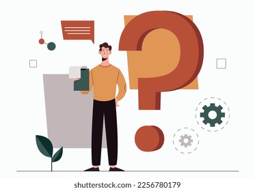 Support-Service-Konzept. Mann auf dem Hintergrund der Fragezeichen, pensiver Charakter. Berater und Assistent, Feedback und technischer Support. Poster oder Banner für die Website. Cartoon-Flavektor-Vektorgrafik
