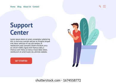 Support service concept for web design. Landing page banner template with a man chatting with smartphone. Vector illustration for online assistance, call center, customer support