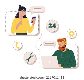 Support service concept. Woman asks question to operator. Hotline, man in headset answers user, worker in office. Frequently Asked Questions. Feedback and review. Cartoon flat vector illustration