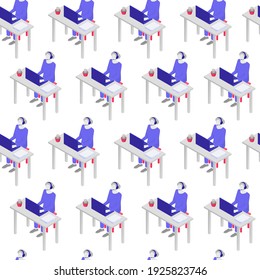 La consulta de los servicios de apoyo es un modelo de funcionamiento sin fisuras. Personaje con uniforme azul con auriculares detrás de portátil da consejos al gerente de ventas habla de cliente vector.