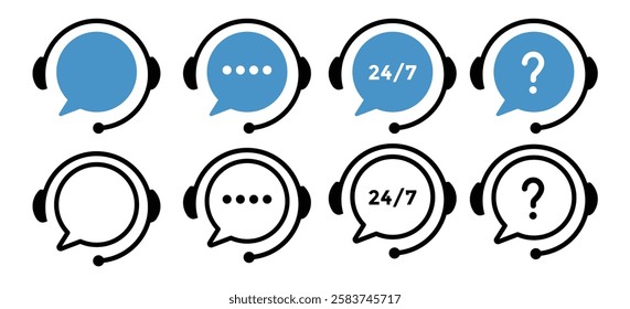 Support service. Customer support, assistance, technical support, customer service, call center, hotline, operator, staff, agent, service icon. Call center symbols. Service concept symbols
