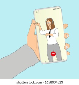 Support service, customer consultation via smartphone, video chat. A woman in business clothes with headphones advises.