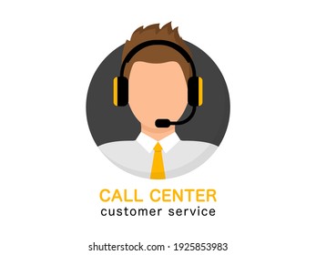 Support service. Customer service operator. Man with headphones. Call center online assistant. Hotline support service 24h. Vector illustration.