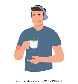 Support service. Customer service operator. Man with headphones and cup of coffee in hand. Call center online assistant.  Vector illustration.