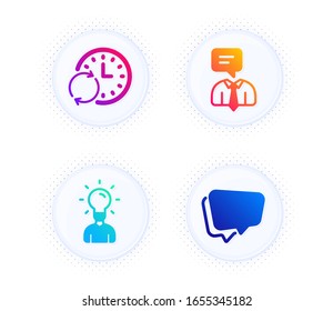 Support service, Education and Update time icons simple set. Button with halftone dots. Speech bubble sign. Human talking, Human idea, Refresh clock. Chat message. Business set. Vector