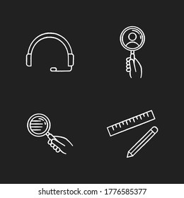 Support service elements chalk white icons set on black background. Hand with magnifying glass. Look for employee. Pen and ruler. Search for human resources. Isolated vector chalkboard illustrations