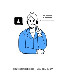 Support service employee in headset assists clients. Worker of call center communicates with customers. Operator of hotline, helpdesk helps people. Flat isolated outline vector illustration on white