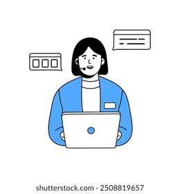 Support service employee helps to client. Worker of call center communicates with customer. Operator in headset works at hotline, helpdesk, helpline. Flat isolated outline vector illustration on white