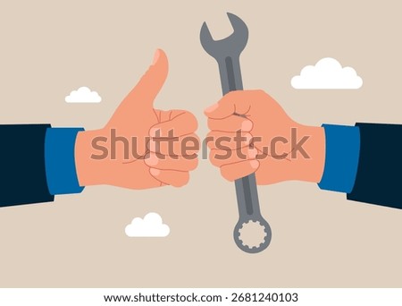 Support and service. Hand holding a mechanic's called an adjustable wrench for use in mechanic work. While the other is showing thumb up. Repairs, customer support, mechanical processes. Vector