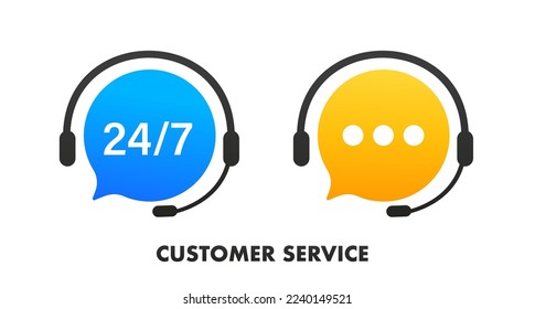 Support service with headphones. Customer support icon. Consultation, telemarketing, consultant, secretary, 24 7. Vector illustration