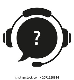 Support Service with Headphones Silhouette Icon. Headset with Question Mark Sign. Hotline and Helpline Concept. Online Help and Customer Support Pictogram. Isolated Vector Illustration.