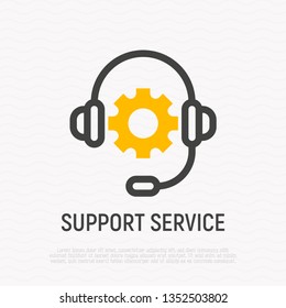 Support service: headset with wheel thin line icon. Call center, client assistance, operator. Modern vector illustration.