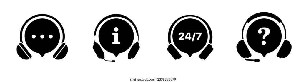 Support service icon collection. Customer service, help chat, assistance, call center icons. Set of black support service with headphones icons