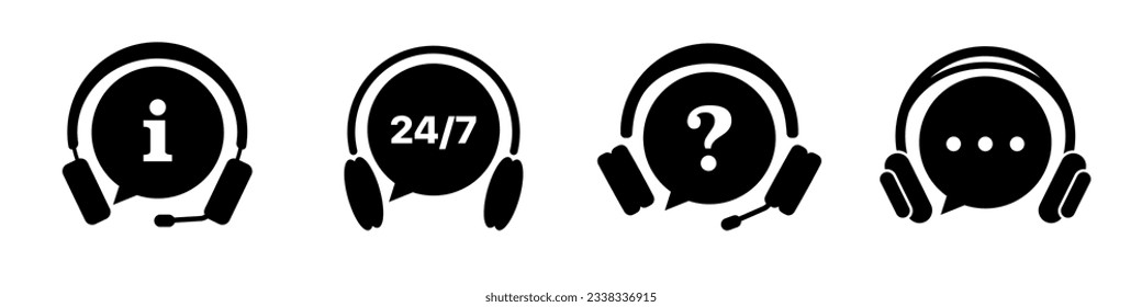 Support-Symbol-Sammlung. Kundenservice, Hilfe-Chat, Hilfe, Call Center-Symbole. Set mit schwarzem Support mit Kopfhörer-Symbolen