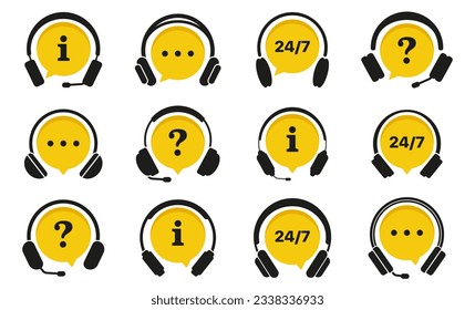 Support service icon collection. Customer service, help chat, assistance, call center icons. Set of yellow support service with headphones icons