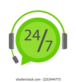 Support service icon with headphones. Customer hotline support 24 hours, green logo isolated on white background. Consultation, telemarketing, consultant.