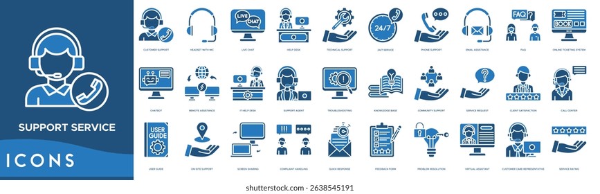 Support Service Icon set. Customer Support, Headset with Mic, Live Chat, Help Desk, Technical Support, 24 and 7 Service, Phone Support, Email Assistance and FAQ