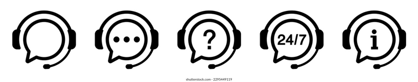 Support service icons. Online support icons set. Service open 24 h hours a day and 7 days a week. Info. Call center symbols.
