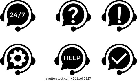 Support service icons set. Headset icons. collection of headphone icons. question mark representing communication. Support service icons with Exclamation mark 
