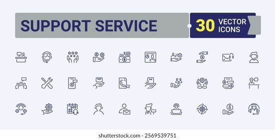 Support Service icons set in linear style. Includes icons for service, people, guidance, 24, feedback, contact and more. Symbol. Vector outline icons collection.