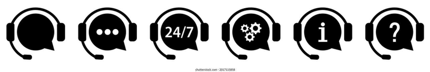 Support service icons. Speech bubbles with headphones. Flat vector illustration on white background