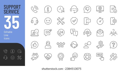 Support Service Line Editable Icons set. Vector illustration in thin line modern style of customer service icons: feedback, technical support, assistant, information, and more. Isolated on white.