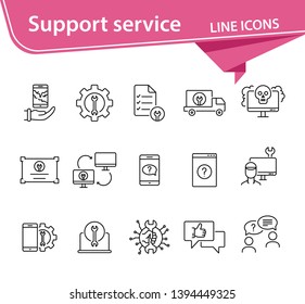 Support service line icon set. Repairman, customer, smartphone. Digital gadgets concept. Can be used for topics like online help, assistance, service center