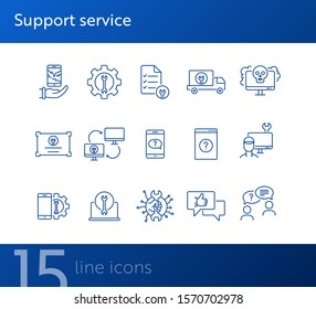 Support service line icon set. Repairman, customer, smartphone. Digital gadgets concept. Can be used for topics like online help, assistance, service center