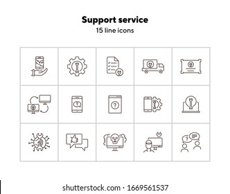 Conjunto de iconos de línea de servicio de asistencia. Repairman, cliente, smartphone. Concepto de gadgets digitales. Puede utilizarse para temas como ayuda en línea, asistencia, centro de servicio