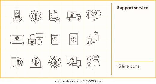 Support service line icon set. Repairman, customer, smartphone. Digital gadgets concept. Can be used for topics like online help, assistance, service center