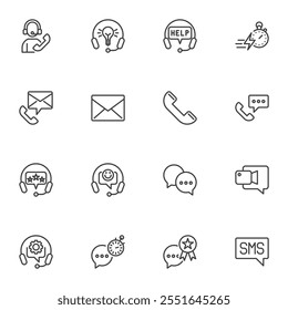 Support Service line icons set, outline vector symbol collection, linear style pictogram pack. Signs, logo illustration. Set includes icons as call center assistant, headset, telephone, feedback