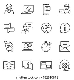 Support service linear icons. Assistance in technical and other matters. telephone operator and web help. Line with editable stroke.