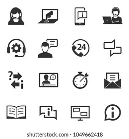 Support service. Monochrome icons set. Assistance in technical and other matters, simple symbols collection