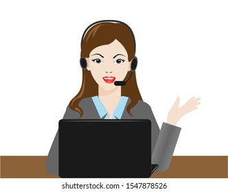 Support service operator, receptionist with headset communicated with customer. Isolated on white background. Vector Illustration.
