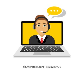 Support service operator with speech bubble. Hotline customer service. Call center employee with headset. Vector Illustration.